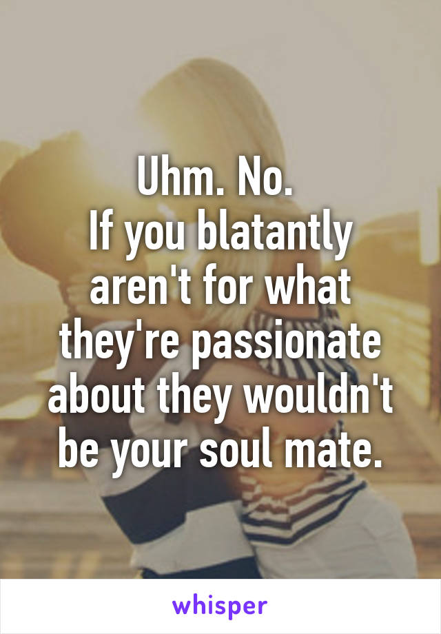 Uhm. No. 
If you blatantly aren't for what they're passionate about they wouldn't be your soul mate.