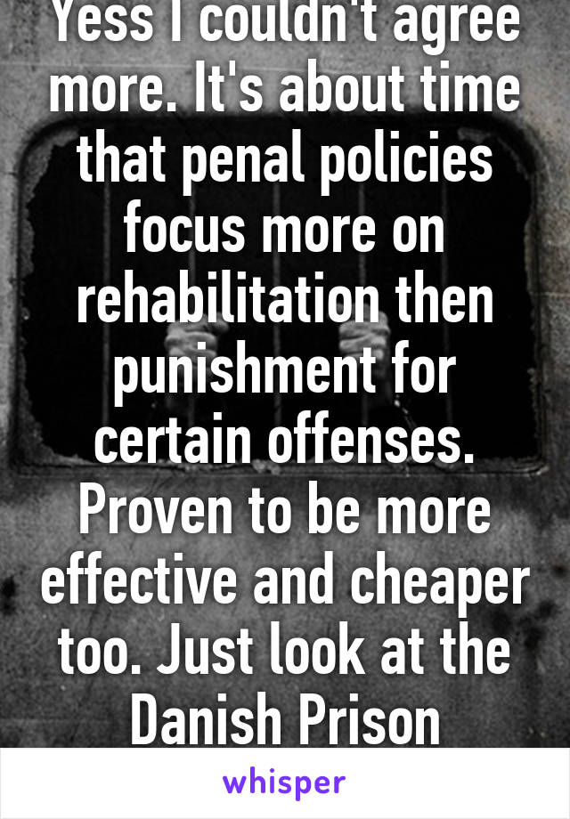 Yess I couldn't agree more. It's about time that penal policies focus more on rehabilitation then punishment for certain offenses. Proven to be more effective and cheaper too. Just look at the Danish Prison system. 