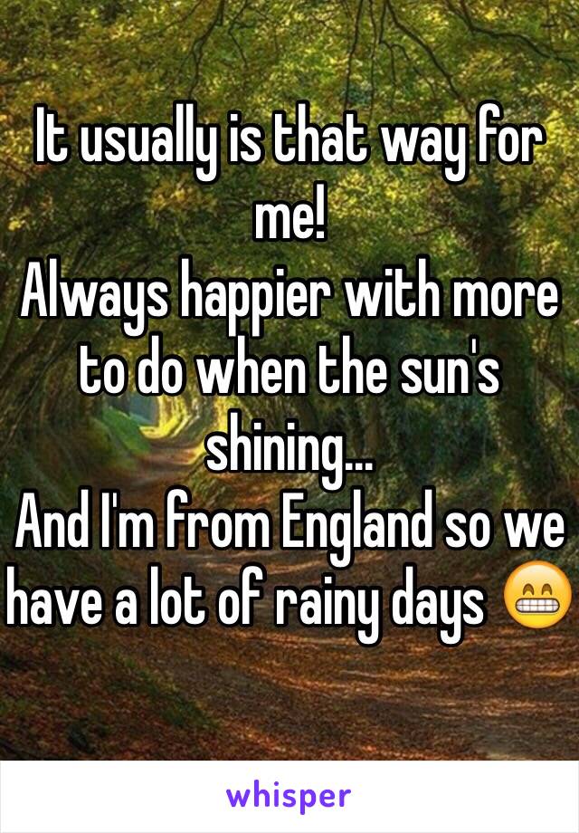 It usually is that way for me!
Always happier with more to do when the sun's shining...
And I'm from England so we have a lot of rainy days 😁