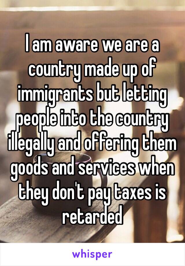 I am aware we are a country made up of immigrants but letting people into the country illegally and offering them goods and services when they don't pay taxes is retarded