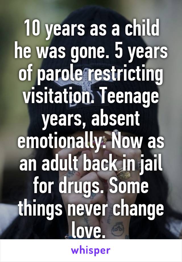 10 years as a child he was gone. 5 years of parole restricting visitation. Teenage years, absent emotionally. Now as an adult back in jail for drugs. Some things never change love. 