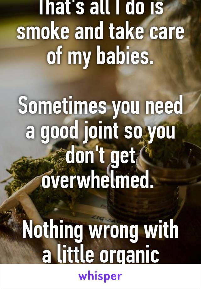 That's all I do is smoke and take care of my babies.

Sometimes you need a good joint so you don't get overwhelmed. 

Nothing wrong with a little organic medicine!!!