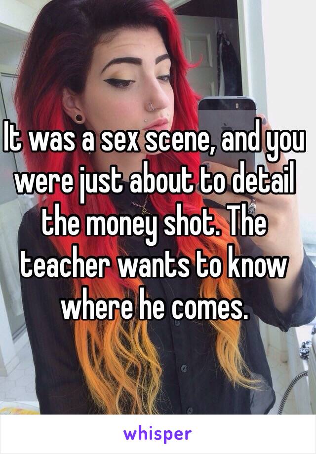 It was a sex scene, and you were just about to detail the money shot. The teacher wants to know where he comes. 