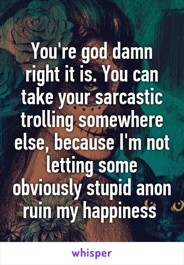 You're god damn right it is. You can take your sarcastic trolling somewhere else, because I'm not letting some obviously stupid anon ruin my happiness 