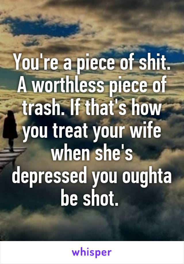 You're a piece of shit. A worthless piece of trash. If that's how you treat your wife when she's depressed you oughta be shot. 