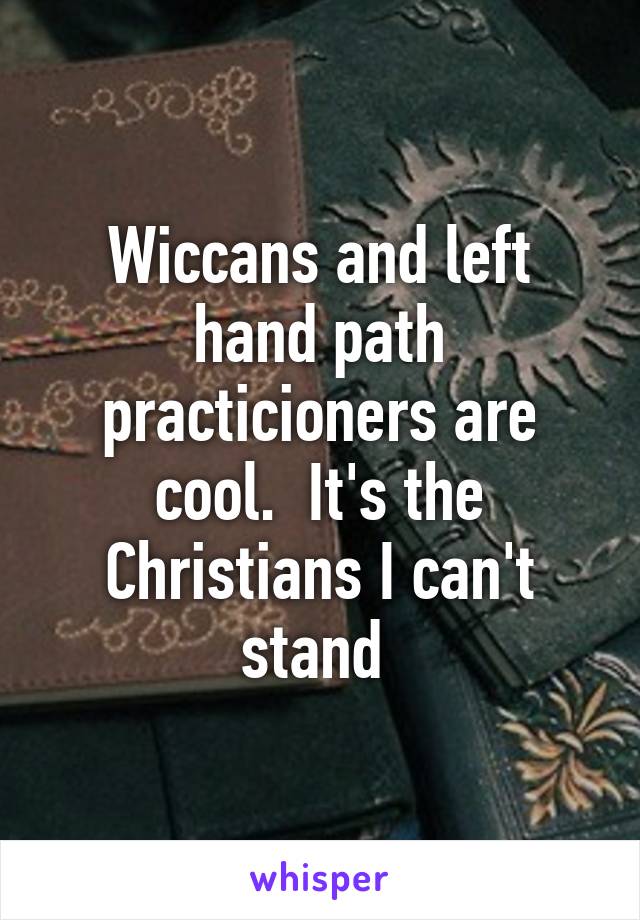 Wiccans and left hand path practicioners are cool.  It's the Christians I can't stand 