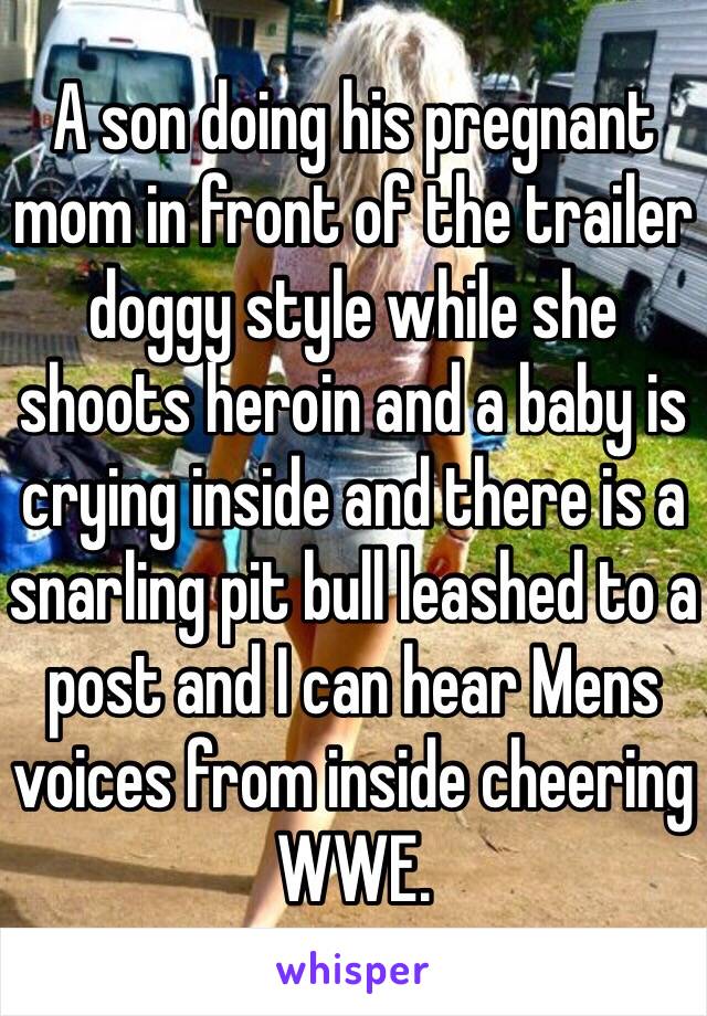 A son doing his pregnant mom in front of the trailer doggy style while she shoots heroin and a baby is crying inside and there is a snarling pit bull leashed to a post and I can hear Mens voices from inside cheering WWE.