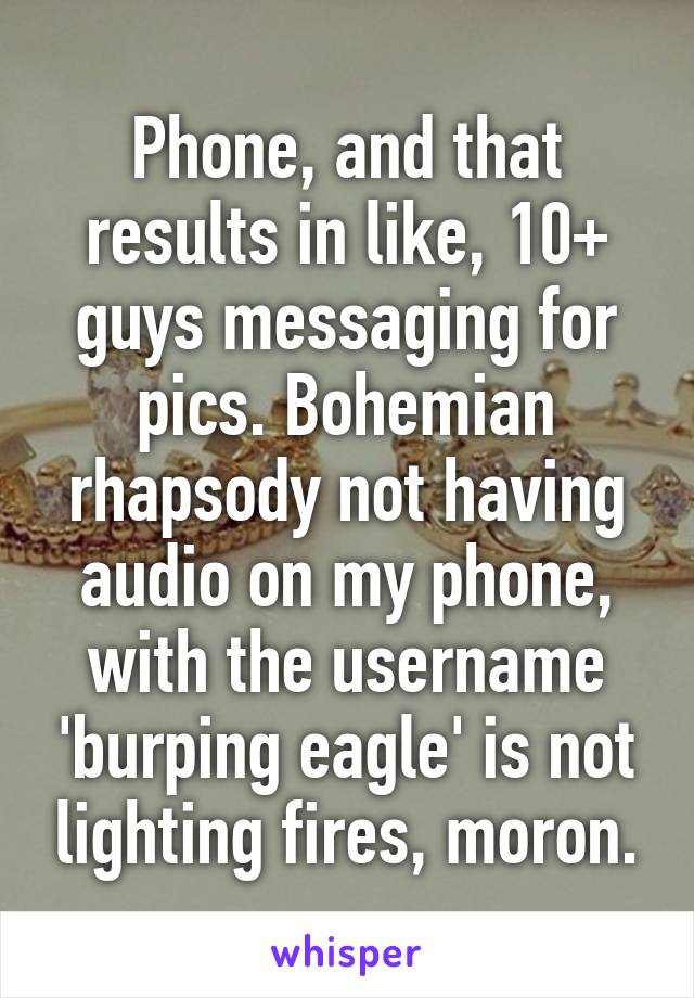 Phone, and that results in like, 10+ guys messaging for pics. Bohemian rhapsody not having audio on my phone, with the username 'burping eagle' is not lighting fires, moron.