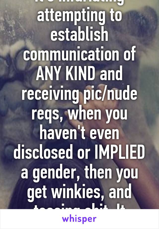 It's infuriating attempting to establish communication of ANY KIND and receiving pic/nude reqs, when you haven't even disclosed or IMPLIED a gender, then you get winkies, and teasing shit. It sucks...