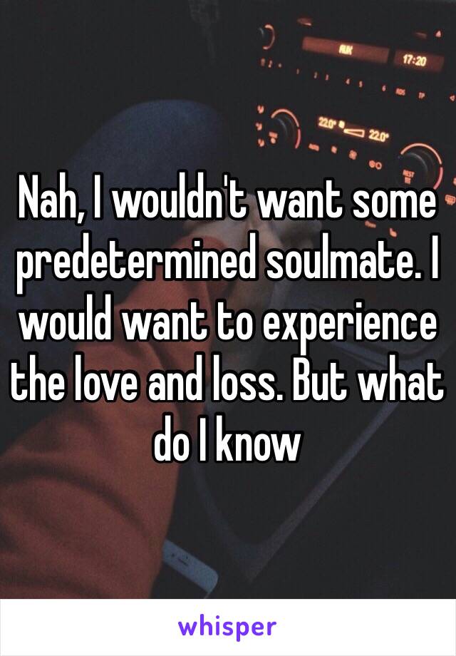 Nah, I wouldn't want some predetermined soulmate. I would want to experience the love and loss. But what do I know 