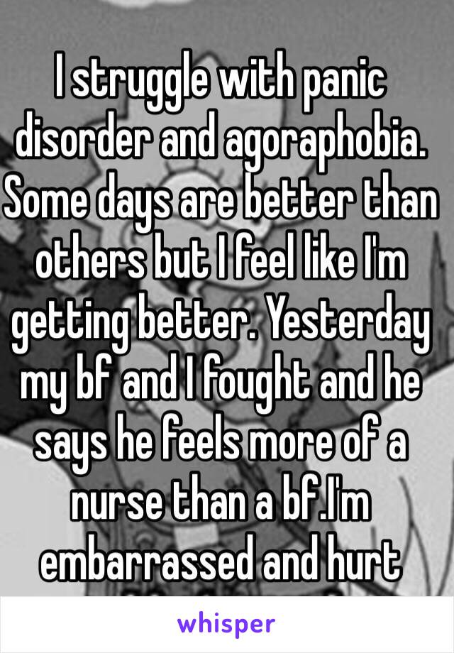 I struggle with panic disorder and agoraphobia. Some days are better than others but I feel like I'm getting better. Yesterday my bf and I fought and he says he feels more of a nurse than a bf.I'm embarrassed and hurt 