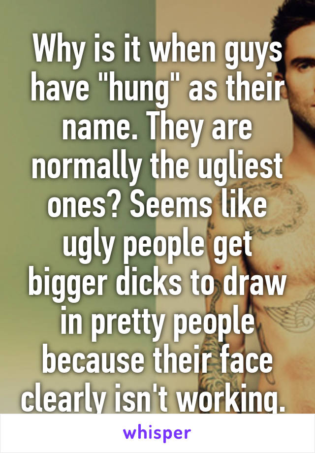 Why is it when guys have "hung" as their name. They are normally the ugliest ones? Seems like ugly people get bigger dicks to draw in pretty people because their face clearly isn't working. 