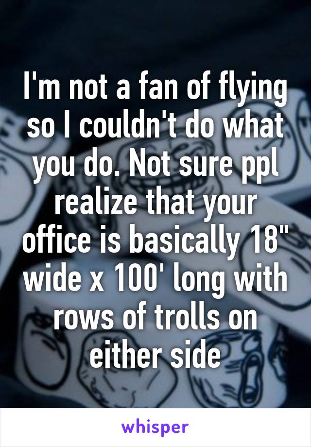 I'm not a fan of flying so I couldn't do what you do. Not sure ppl realize that your office is basically 18" wide x 100' long with rows of trolls on either side