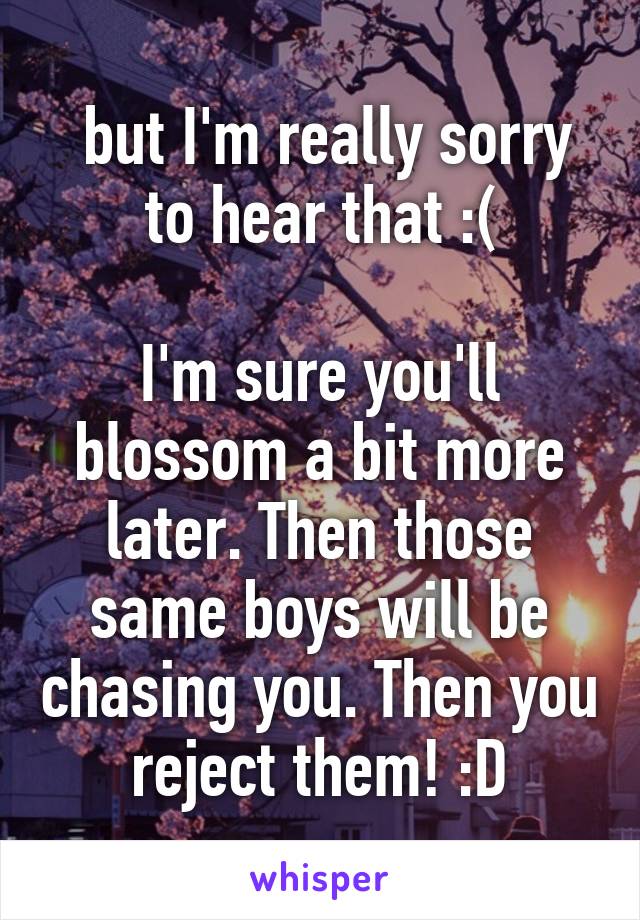  but I'm really sorry to hear that :(

I'm sure you'll blossom a bit more later. Then those same boys will be chasing you. Then you reject them! :D