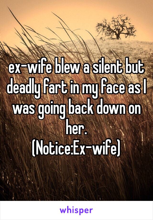 ex-wife blew a silent but deadly fart in my face as I was going back down on her. 
(Notice:Ex-wife)