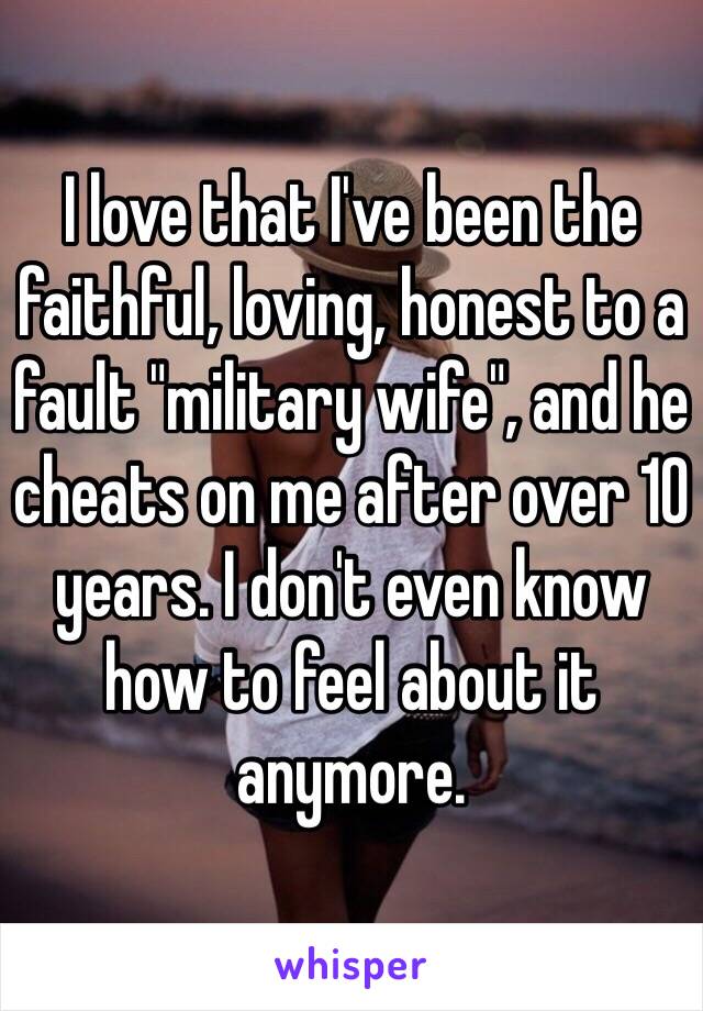 I love that I've been the faithful, loving, honest to a fault "military wife", and he cheats on me after over 10 years. I don't even know how to feel about it anymore. 