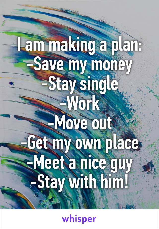 I am making a plan:
-Save my money
-Stay single
-Work
-Move out
-Get my own place
-Meet a nice guy
-Stay with him!