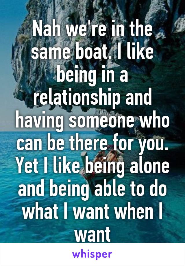 Nah we're in the same boat. I like being in a relationship and having someone who can be there for you. Yet I like being alone and being able to do what I want when I want