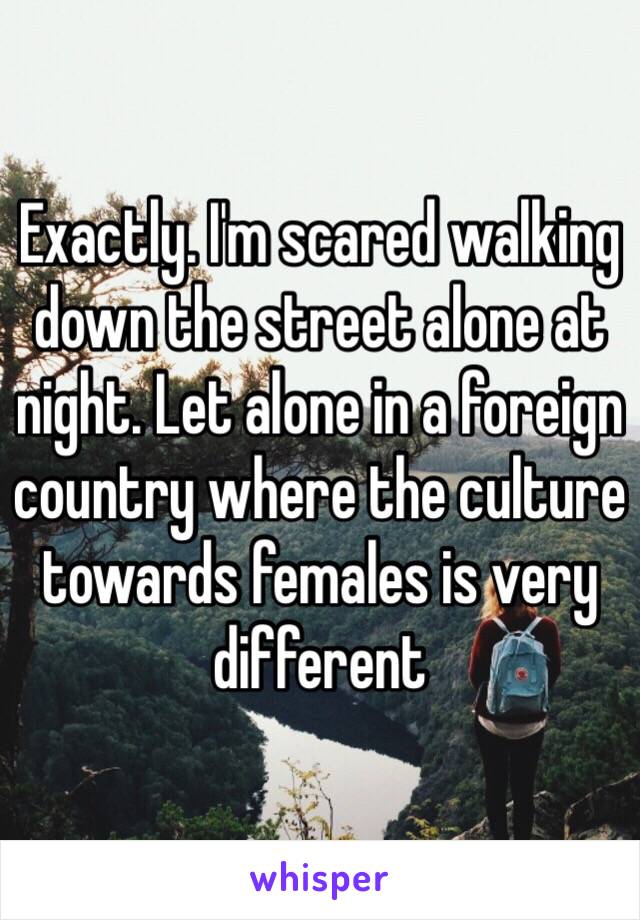 Exactly. I'm scared walking down the street alone at night. Let alone in a foreign country where the culture towards females is very different