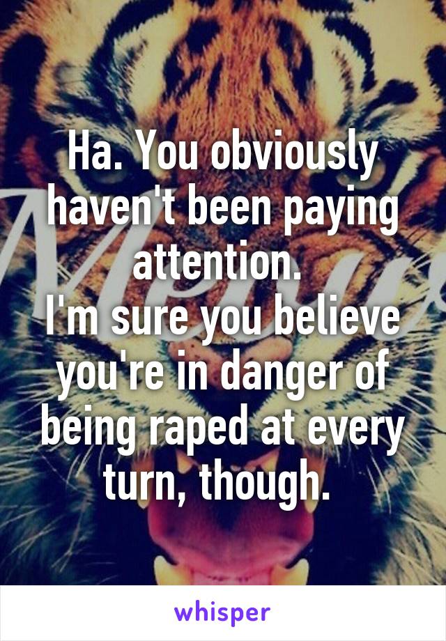 Ha. You obviously haven't been paying attention. 
I'm sure you believe you're in danger of being raped at every turn, though. 