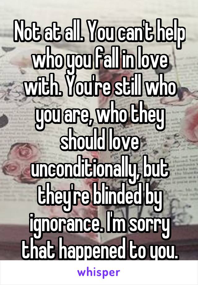 Not at all. You can't help who you fall in love with. You're still who you are, who they should love unconditionally, but they're blinded by ignorance. I'm sorry that happened to you.