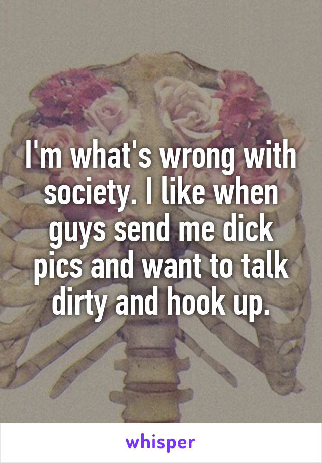 I'm what's wrong with society. I like when guys send me dick pics and want to talk dirty and hook up.