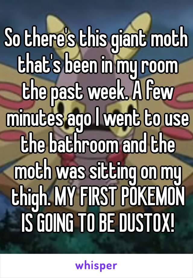 So there's this giant moth that's been in my room the past week. A few minutes ago I went to use the bathroom and the moth was sitting on my thigh. MY FIRST POKEMON IS GOING TO BE DUSTOX!