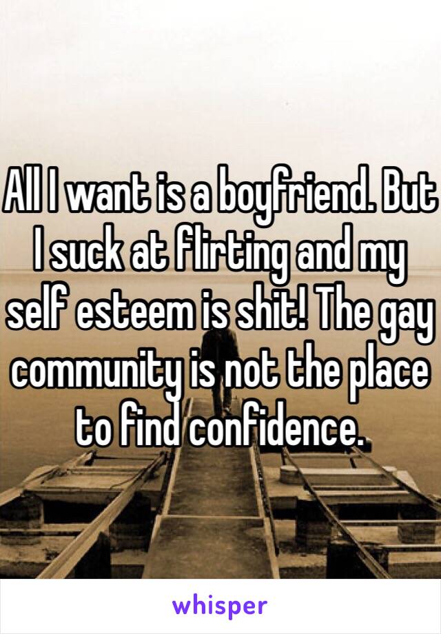 All I want is a boyfriend. But I suck at flirting and my self esteem is shit! The gay community is not the place to find confidence.