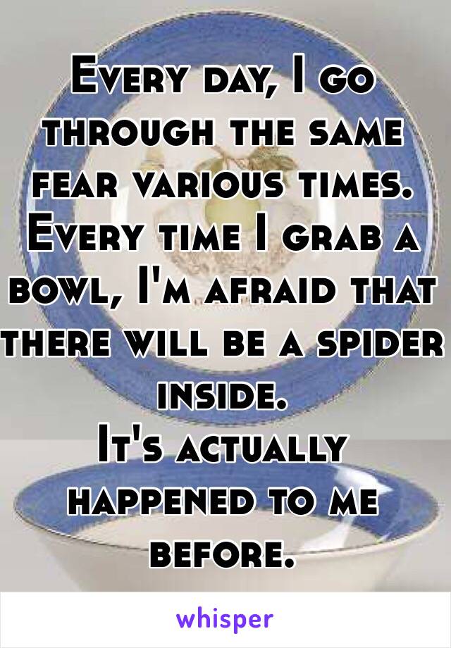 Every day, I go through the same fear various times. Every time I grab a bowl, I'm afraid that there will be a spider inside. 
It's actually happened to me before. 