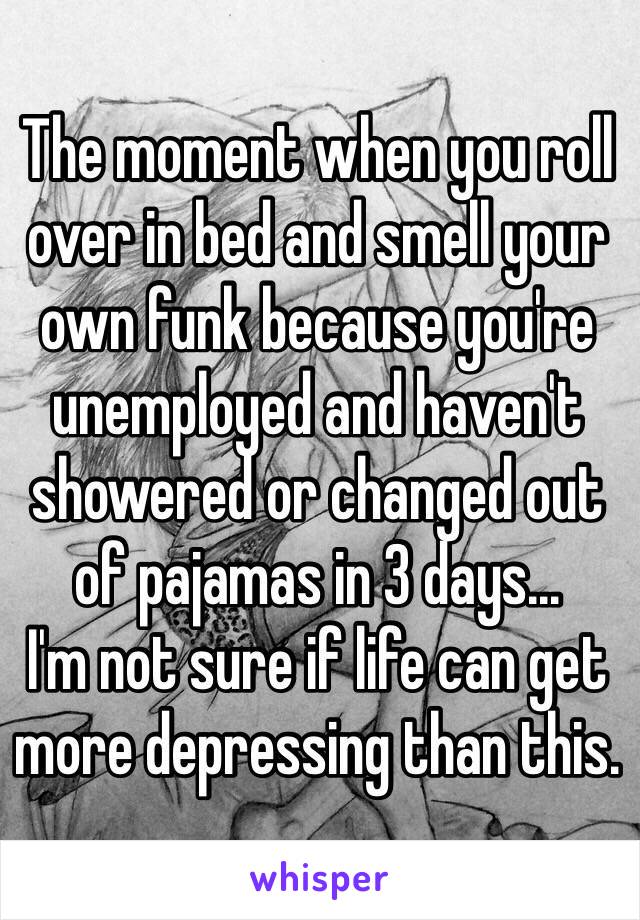 The moment when you roll over in bed and smell your own funk because you're unemployed and haven't showered or changed out of pajamas in 3 days... 
I'm not sure if life can get more depressing than this. 