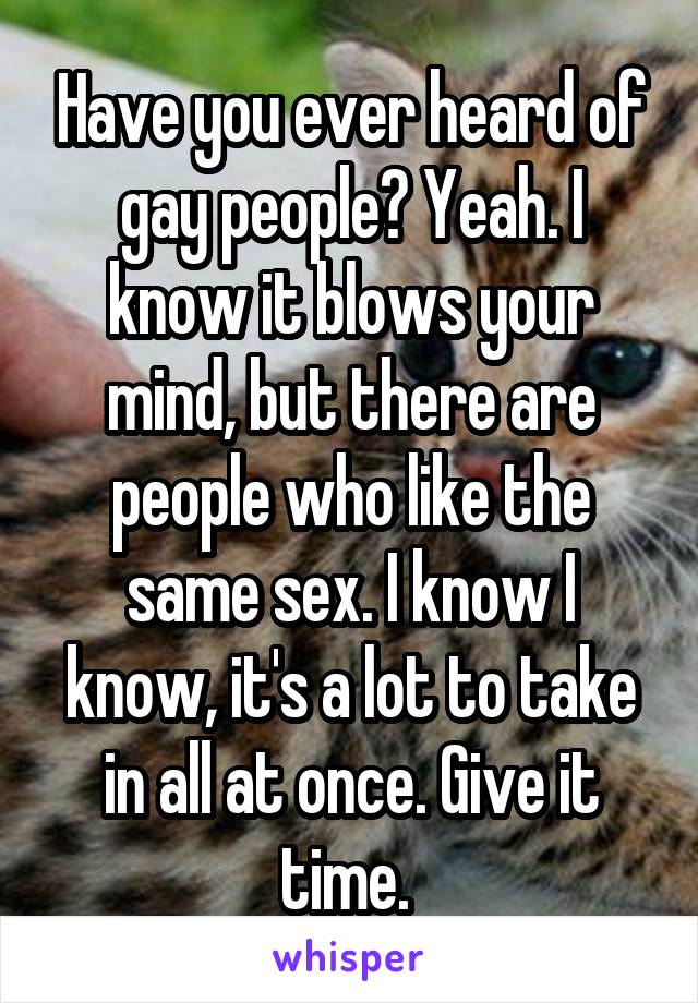 Have you ever heard of gay people? Yeah. I know it blows your mind, but there are people who like the same sex. I know I know, it's a lot to take in all at once. Give it time. 