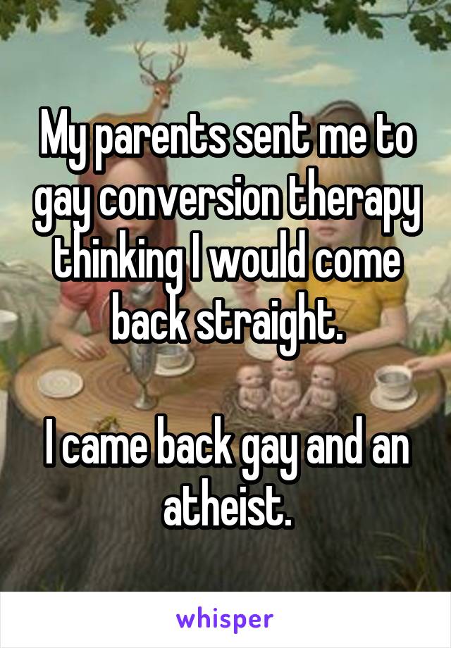My parents sent me to gay conversion therapy thinking I would come back straight.

I came back gay and an atheist.