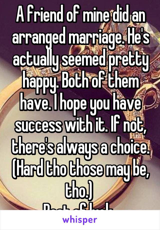 A friend of mine did an arranged marriage. He's actually seemed pretty happy. Both of them have. I hope you have success with it. If not, there's always a choice. (Hard tho those may be, tho.) 
Best of luck. 