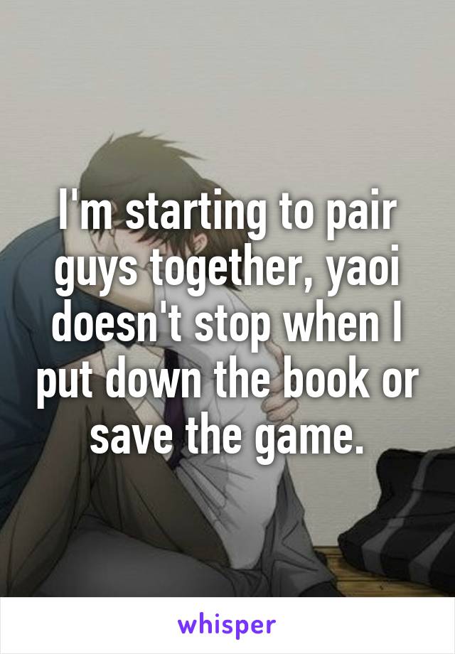 I'm starting to pair guys together, yaoi doesn't stop when I put down the book or save the game.