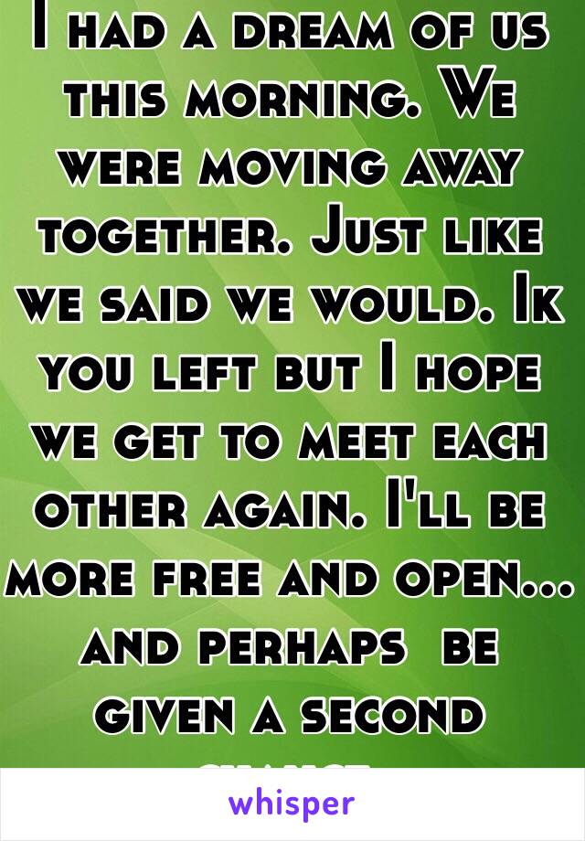 I had a dream of us this morning. We were moving away together. Just like we said we would. Ik you left but I hope we get to meet each other again. I'll be more free and open... and perhaps  be given a second chance. 