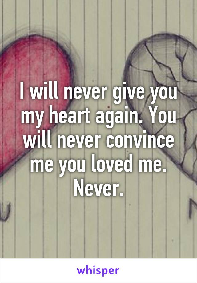 I will never give you my heart again. You will never convince me you loved me. Never.