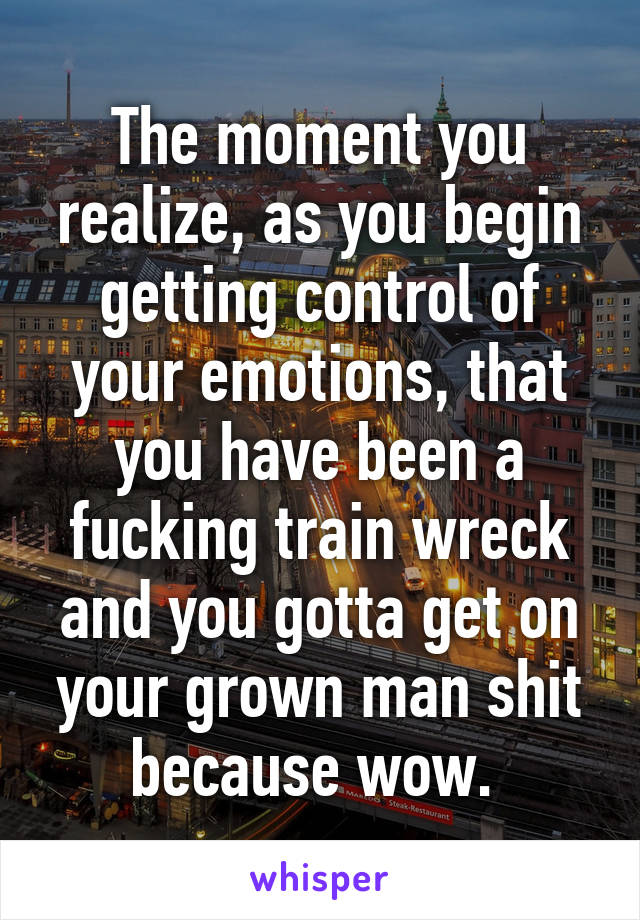 The moment you realize, as you begin getting control of your emotions, that you have been a fucking train wreck and you gotta get on your grown man shit because wow. 