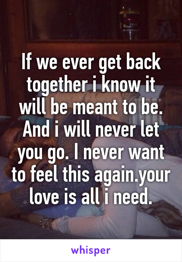 If we ever get back together i know it will be meant to be. And i will never let you go. I never want to feel this again.your love is all i need.