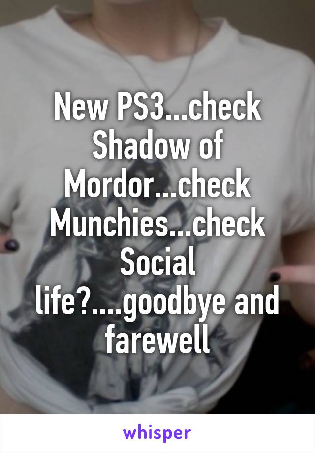 New PS3...check
Shadow of Mordor...check
Munchies...check
Social life?....goodbye and farewell