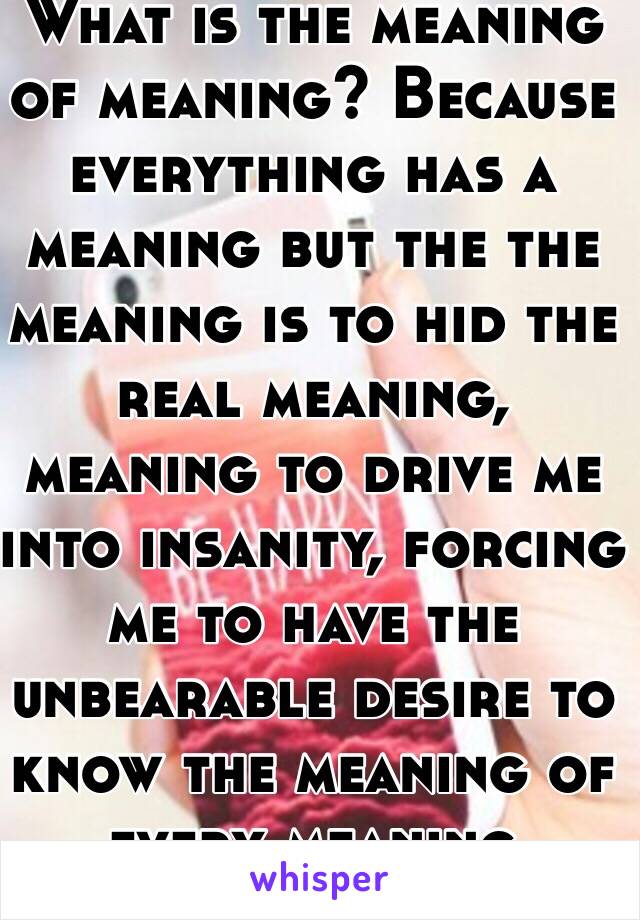 What is the meaning of meaning? Because everything has a meaning but the the meaning is to hid the real meaning, meaning to drive me into insanity, forcing me to have the unbearable desire to know the meaning of every meaning