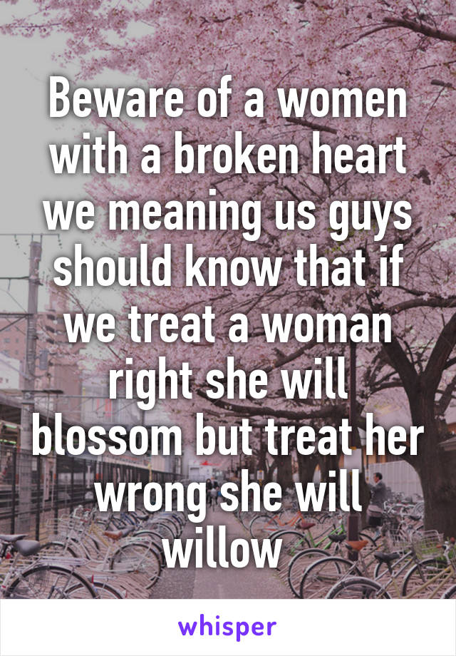 Beware of a women with a broken heart we meaning us guys should know that if we treat a woman right she will blossom but treat her wrong she will willow 