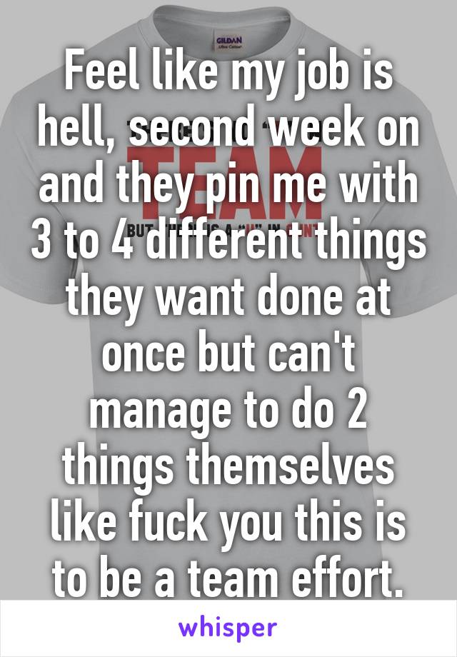 Feel like my job is hell, second week on and they pin me with 3 to 4 different things they want done at once but can't manage to do 2 things themselves like fuck you this is to be a team effort.