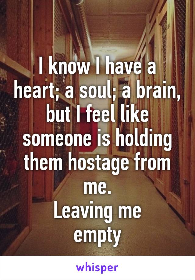 
I know I have a heart; a soul; a brain, but I feel like someone is holding them hostage from me.
Leaving me
empty