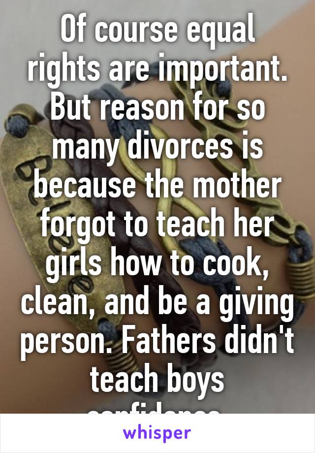 Of course equal rights are important. But reason for so many divorces is because the mother forgot to teach her girls how to cook, clean, and be a giving person. Fathers didn't teach boys confidence.