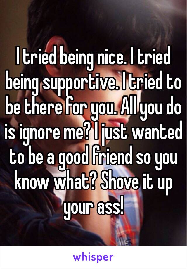 I tried being nice. I tried being supportive. I tried to be there for you. All you do is ignore me? I just wanted to be a good friend so you know what? Shove it up your ass! 