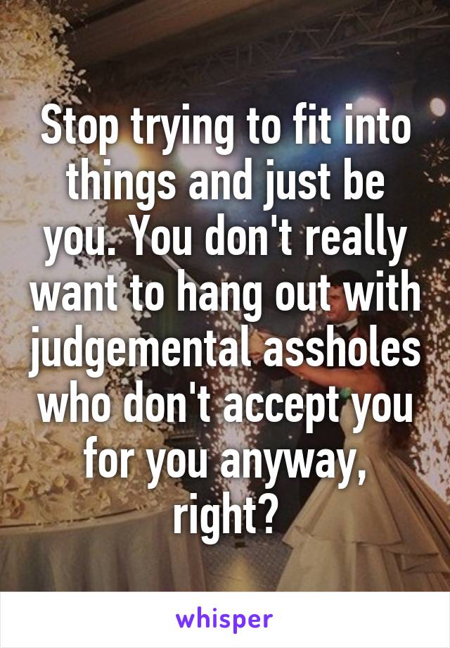 Stop trying to fit into things and just be you. You don't really want to hang out with judgemental assholes who don't accept you for you anyway, right?