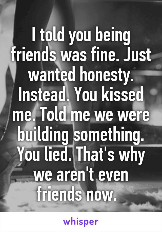 I told you being friends was fine. Just wanted honesty. Instead. You kissed me. Told me we were building something. You lied. That's why we aren't even friends now.  