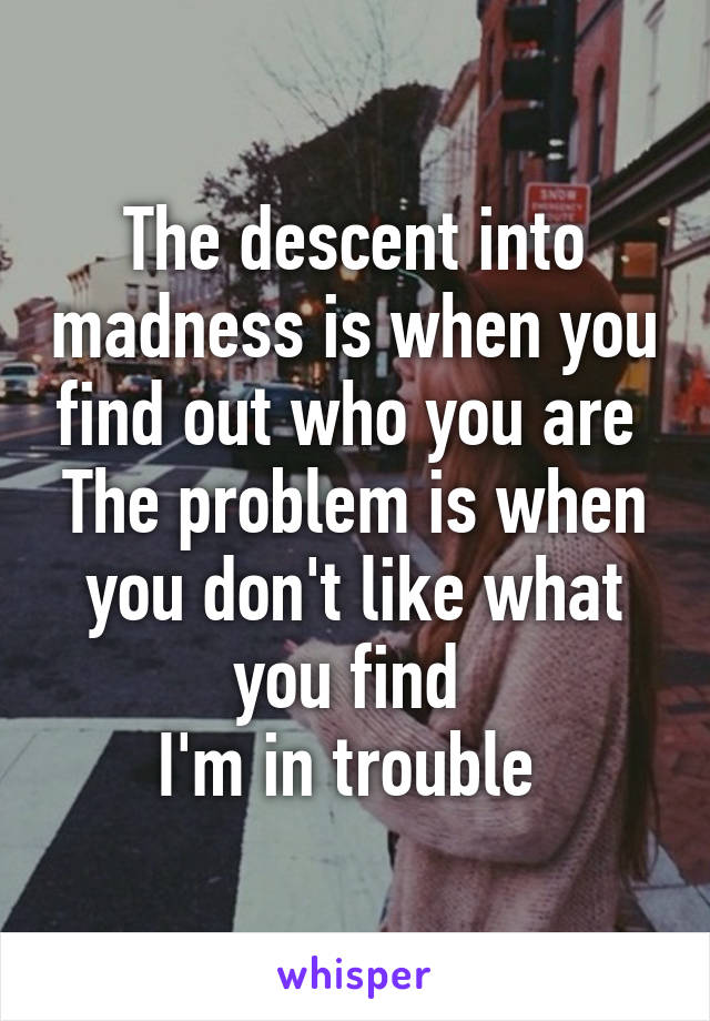 The descent into madness is when you find out who you are 
The problem is when you don't like what you find 
I'm in trouble 