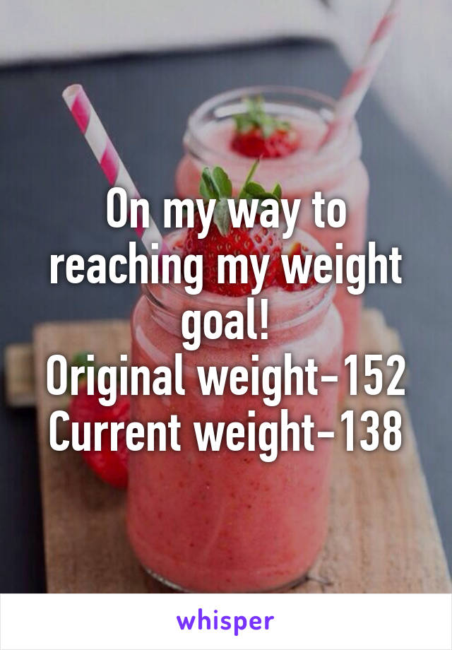 On my way to reaching my weight goal!
Original weight-152
Current weight-138