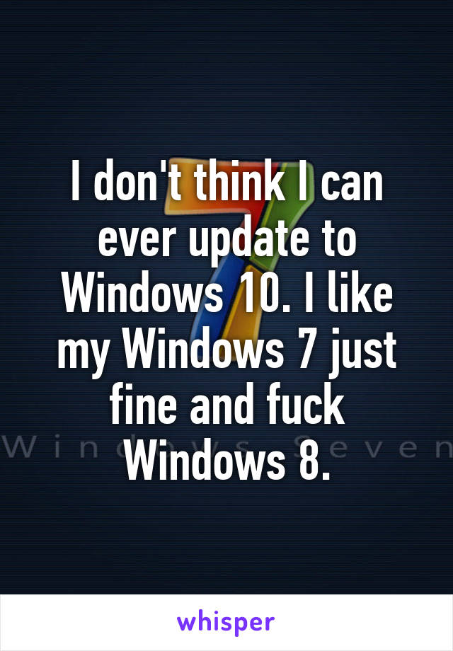 I don't think I can ever update to Windows 10. I like my Windows 7 just fine and fuck Windows 8.